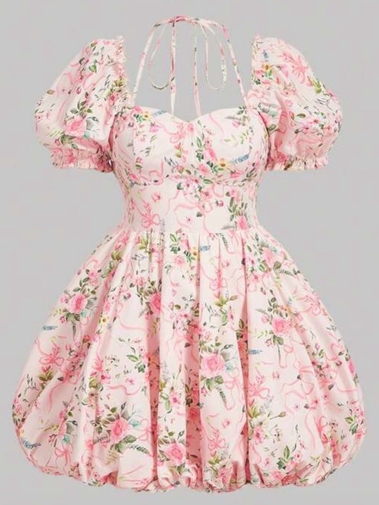 SHEIN Dresses & Skirts - SHEIN Pink Floral Puff Sleeve Bubble Dress size 14 1X like new